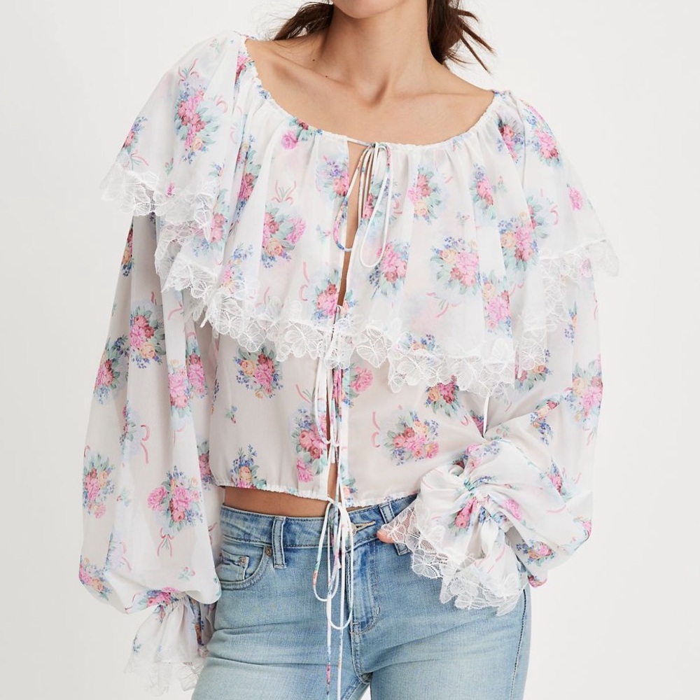NWT For Love and Lemons Flowy White Floral Blouse